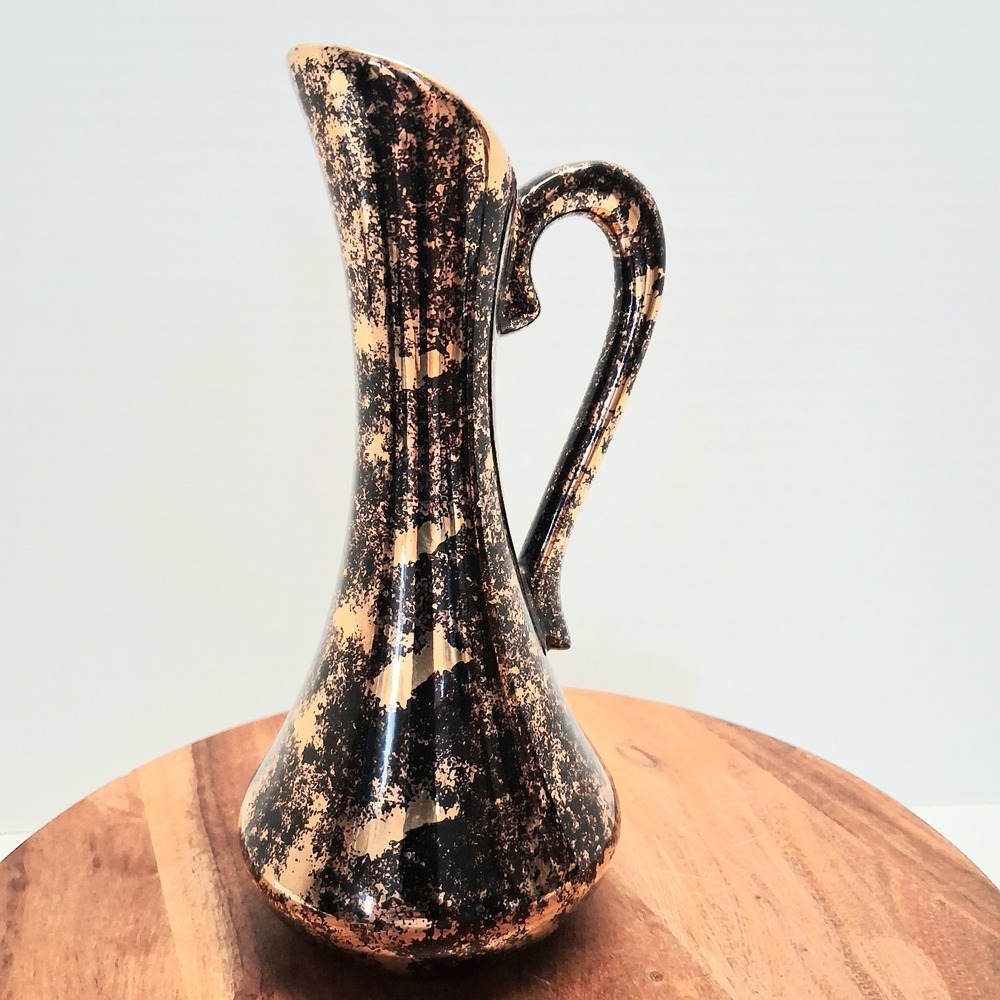 VTG 1950's MCM Weeping Gold Ceramic Pitcher Ewer Vase Black Splatter 22kt Gold